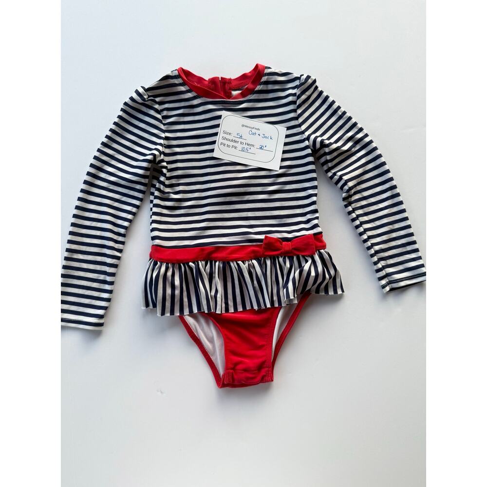 Nautical red black white striped bathing suit 5T snap crotch - Picture 4 of 10
